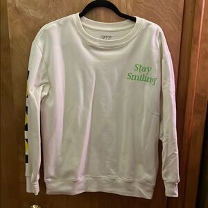 White Crew Neck Sweater with Stay Smiley Design and Green Accents